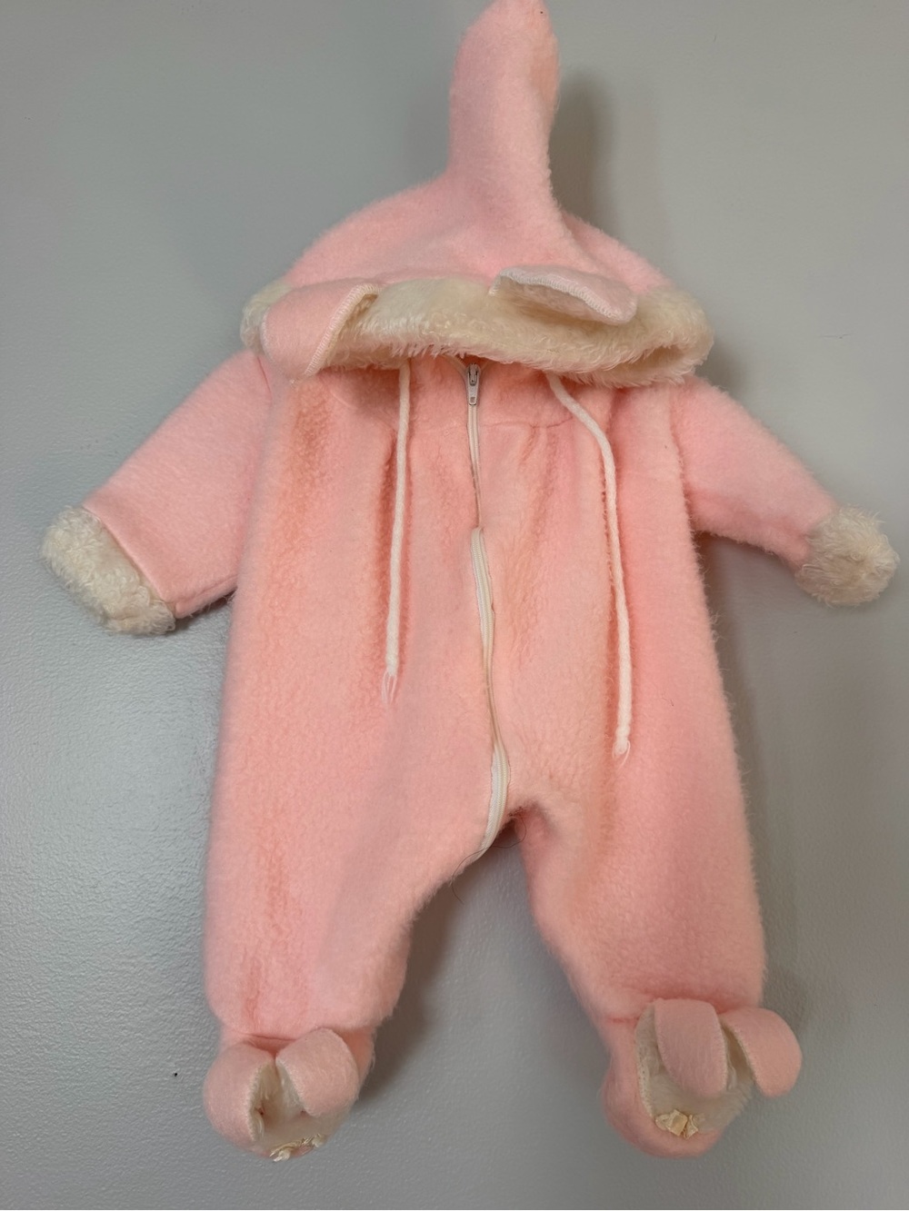 Vintage Pink Plush Hooded Baby One-Piece Snowsuit